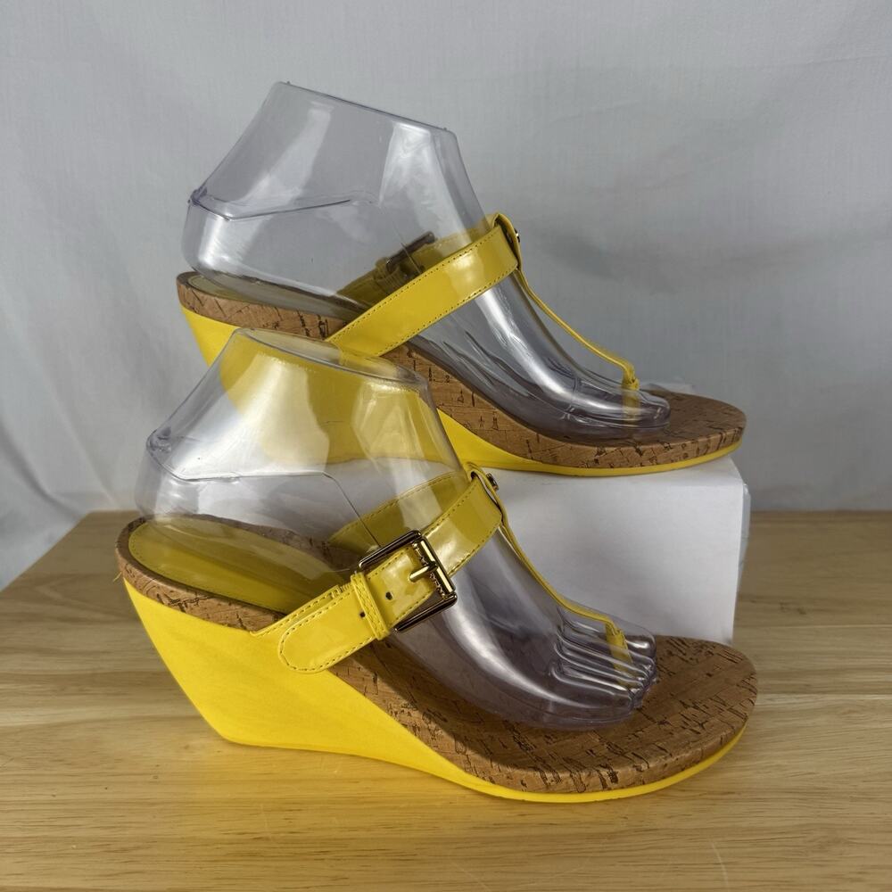 Ralph Lauren Lemon Leather Cork T Strap Thong Wedge Sandals Logo Boho Sz 9 B EUC